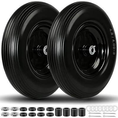 4.80/4.00-8 Flat Free Wheelbarrow Tire and Wheel, 16” Solid Foam Tires, 5/8” Bearings & 3” Centered Hub, Includes 3/4” Bearings, Spacer Kit for Wheelbarrows, Garden Carts, Utility Wagons