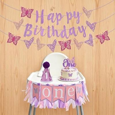Purple Butterfly 1st Birthday Highchair Banner Set for Baby Girl – First Birthday Decorations with Crown Hat, Cake Topper, Happy 1 Year Banner – High Chair Decor & Cake Smash Photo Props for Party