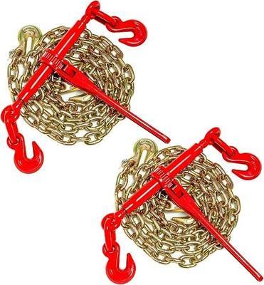 Chain Binder Kit 3/8in -1/2in Grade 70 and 3/8"×10ft Chains Includes Ratchet Load Binders 9200lbs Working Strength (2) Binders and (2) G70 3/8in Chains for Industrial Agricultural Towing Applications