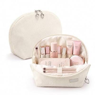 Parallel Traveler Makeup Bag, Shell Shape Magnetic Hold-Open Cosmetic Bag, Fold-Down Design, Large Capacity Waterproof Organizer with Compartments for Travel Essentials, Off White