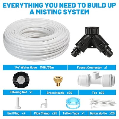 Riboud 110FT Mister for Outside Patio Misting Cooling System with 20 Brass Mist Nozzles+Water Filter+Y Connector, Leak-Resistant Misters for Backyard, Garden, Pool, Deck, Greenhouse - White