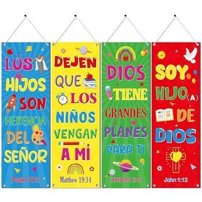 Colorful Church Banners with Scripture - 4PCS Spanish Christian Church Banners for Sanctuary Wall, Religious Back to School Hanging Sign Backdrop Decor Supplies for Sunday School Classroom