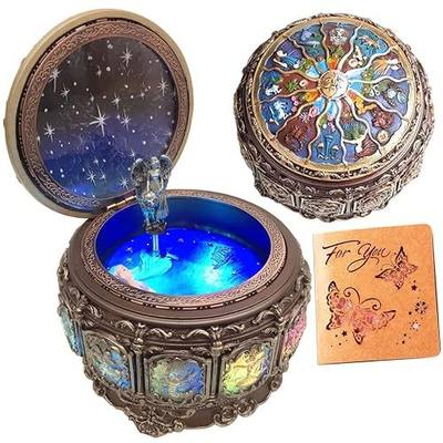 Briskfeel Music Box with Sun & Zodiac Signs, Rotating Goddess, Plays You Are My Sunshine, with 18-Note Sankyo Movement, LED Light Up Base, Musical Jewelry Box, Birthday & Christmas Gift (A1 Sun)