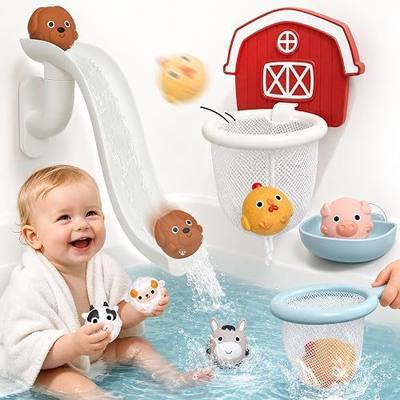 No Hole Bath Toys for Toddlers 1-3, 6 Pcs Farm Animal Bathtub Toys with Basketball Hoop and Slide, Shower Play Set, Gifts for Boys and Girls