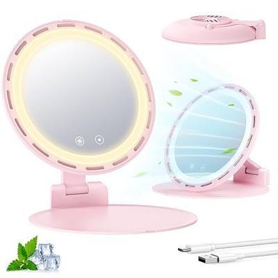 Gospire Foldable Lighted Makeup Mirror with Fan, 3 Speed Cooling Fan, 3 Color Dimmable Lighting, Portable Travel Mirror with Adjustable Stand, Rechargeable LED Vanity Mirror for Bedroom Tabletop, Pink