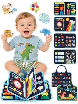 GONINO Toddler Busy Book Montessori Toys for Boys, Dinosaur Felt Busy Board | Quiet Activity Book, Preschool Learning Sensory Toys, Fine Motor Skills, Travel Toy for Airplane Car, Boys Birthday Gifts 3+