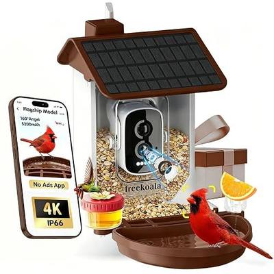 Bird Feeder with Camera, Flagship Model, 4K UHD, 160° Wide Angle AI Bird Camera, Instant Arrival Alerts, Solar Powered, 5200mAh Battery, IP66 Waterproof Outdoor, Gift for Bird Lovers, Brown