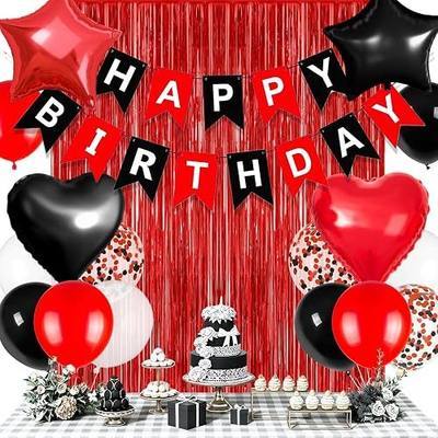 18Pcs Red And Black Birthday Decorations For Women Men, Happy Birthday Banner With Fringe Curtains, Star, Heart Foil Balloons, 12 Inch Red White Black Balloons For Happy Birthday Decorations