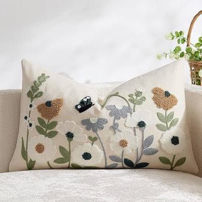 DEZENE Floral Embroidered Spring Lumbar Pillow Cover 12x20 Summer Boho Cute Accent Decorative Throw Pillow Cover for Living Room Couch Bedroom Sofa Home Decor