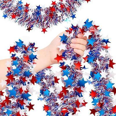 50 Ft Patriotic Glitter Tinsel Garland Decoration,4th of July Garland Decor for Car Tree Golf Cart Parade Float Bike,Independence Day Memorial Day Home Holiday Party Decor,Red White Blue
