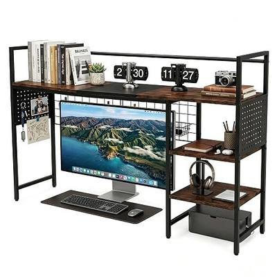 Desk Shelf Organizer with Pegboard & Hooks, Desk Hutch for Computer Monitor, Multi-Tier Wood Desktop Bookshelf Display Rack for Home Office Dorm Room (Vintage Brown, 38.6‘’)