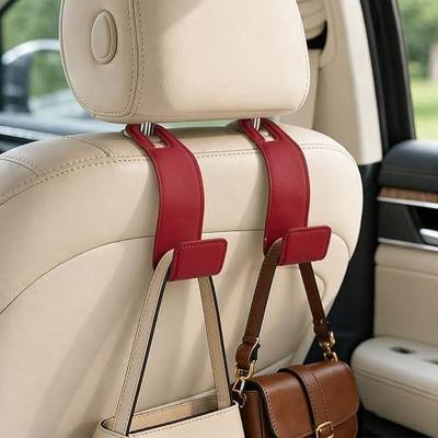 2-Pack Car Headrest Hooks, 1.1-Inch Wide Purse Hangers, Dark red | Microfiber leather hooks with built-in metal cores keep purses, groceries and backpacks organized and within reach