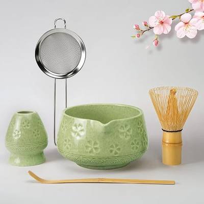 Matcha Whisk Set: Matcha Bowl, Whisk and Holder, Bamboo Scoop, 304 Sifter – Matcha Kit Gifts for Women, Mom and Matcha Lovers, Thoughtful Valentines Day Gift for Her (Mottled Green)