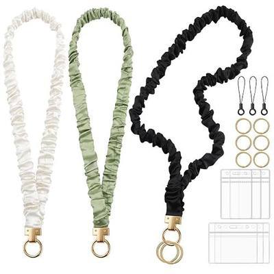 3 Pack Scrunchie Lanyard for Id Badges Teacher Lanyards, Black Beige Green | Stretchy Satin Fabric, Extends To 30 In, With Key Ring, Hook And Phone Tether For Teachers, Office, School And Travel