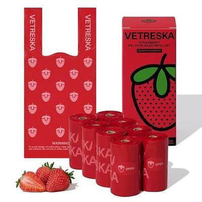 VETRESKA Dog Poop Bags with Handle 120 Count, Strawberry Scented Waste Bag | Leak-Proof Thick Dog Bags for Poop, Easy-Tie Large Poop Bags, 8 Refill Rolls for Dog Walking Cat Litter