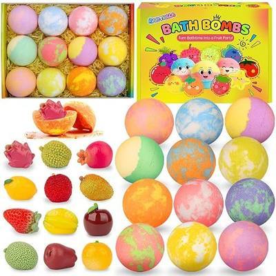 Bath Bombs for Kids with Toys Inside, 12 Pack Kids Bath Bombs with Fruit Food Toys, Surprise Colorful Bubble Spa Fizzies Ball with Bath Toys, Christmas Birthday Gifts for Girls & Boys