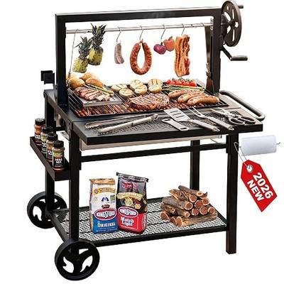 Argentine Santa Maria Grill, Wood Fire & Charcoal BBQ Grill with Adjustable Height Grates, Argentinian Open Fire Grill with S-Hooks and Foldable Front Table for Outdoor Patio Backyard Gaucho Grilling