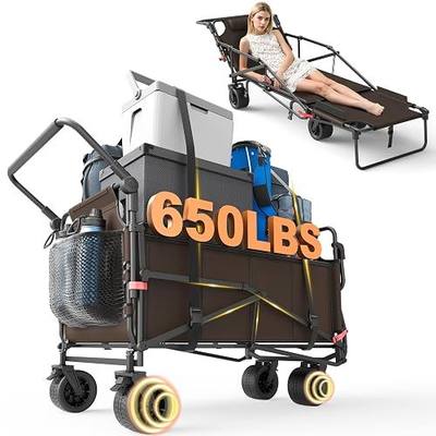 Heavy Duty Folding Wagon - 2-in-1 Collapsible Cart, All-Terrain Wheels w/Brakes & Side Pockets (Brown, 650lb Capacity)