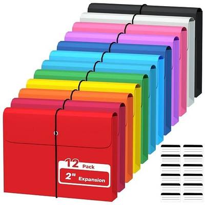 Ansook Plastic File Jackets, Expandable File Folders Letter Size with 2" Expansion, File Folder Organizer with Flap & String Tie, 12 Pack Poly Pocket File Folders for Office School Home – 12 Colors