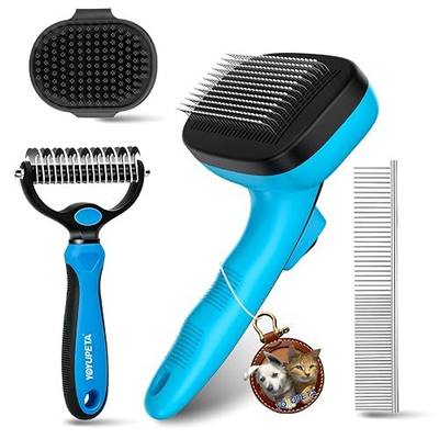 4-in-1 Dog Brush Kit: Self-Clean Shedding & Grooming Rake, Blue | Ultimate 4 PCS dog brush set with retractable needle for heavy shedding blowout, detangling rake and shiny steel pet comb