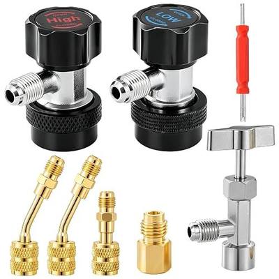 R134A AC Adapter Tool Kit, R134A High/Low Quick Couplers Adapters with Self-Sealing Can Tap and R410 Adapters, Adjustable Quick Connectors for Automotive HVAC Service