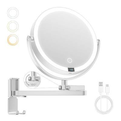 Brightown Wall Mounted Lighted Makeup Mirror with Magnification 1X/10X | 4000mAh Rechargeable Dimmable Vanity Mirror, Extended Arm 360° Rotation, 3 Color Lights & Smart LED Digital Display, Silver