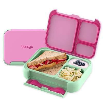 Bentgo Kids Stow & Go Leak-Proof Lunch Box with Built-In Utensil | 3.5-Cup Capacity, Removable Tray, Portion-Perfect Compartments for Kids and Teens, 2-in-1 Spoon & Fork (Strawberry)
