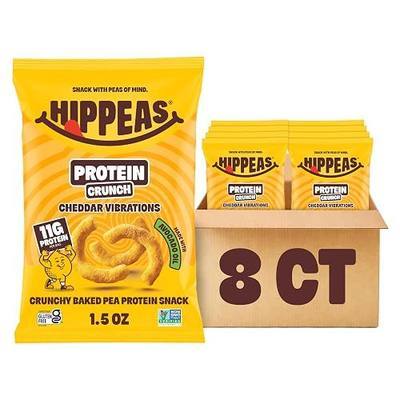 Hippeas Cheddar Vibrations Protein Puffs, 8 x 1.5 Oz Bags, Baked Crunchy Pea Puffs with 11g Plant Protein & Avocado Oil, Non-GMO, Kosher, Dairy & Gluten Free, Vegan Snacks, Bold Cheesy Flavor
