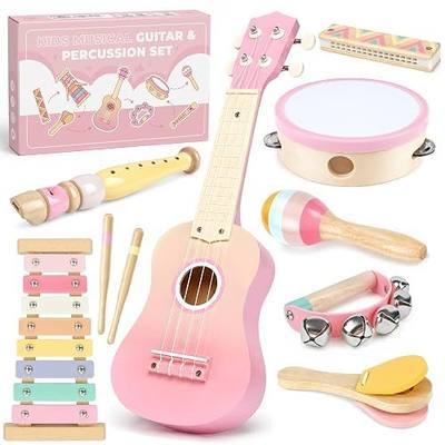 Pink Kids Guitar Set - 8 in 1 Toddler Montessori Musical Instruments | Wooden Ukulele Xylophone Tambourine Maracas Flute,Toy Guitar for Toddler Girl Ages 2-3, Toddler Girl Gifts for 2 Year Old
