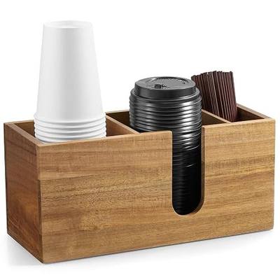 ALELION Large Acacia Wood Coffee Cup Organizer for Disposable Cups, Lids and Stir Sticks - 3-Compartment Countertop Cup Holder Storage Rack for Coffee Station, Kitchen, Office