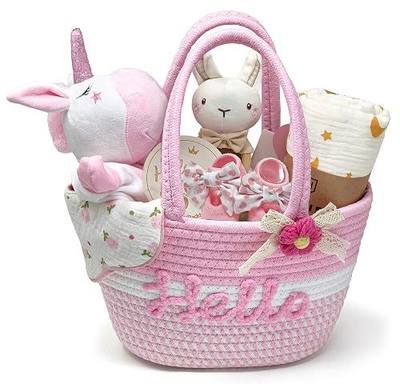 Golray Baby Girl Gifts for Baby Shower, Newborn Baby Girl Gift Basket with Unicorn Lovey Hand Puppet, Muslin Swaddle Blanket, Baby Rattle, Bib, Socks, Milestone Sign, Welcome Baby Gift Set for Girls