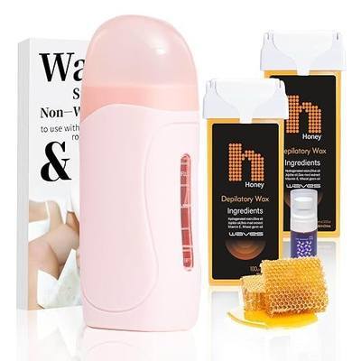 Roll-On Wax Kit for Hair Removal, Roll on Waxing Kit for Women, At-Home Wax Warmer Kit with Hard Wax Refill, Honey Formula Gentle on Skin, Portable Gift for Body Legs Arms-Honey