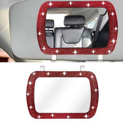 BFXM Car Visor Mirror, Clip-On Car Mirror Vanity with Red Bling Diamonds | Universal Travel Makeup Mirror for Car, Sun Visor Mirror, Car Mirror Visor for Trucks Cars SUVs, Car Accessories for Women