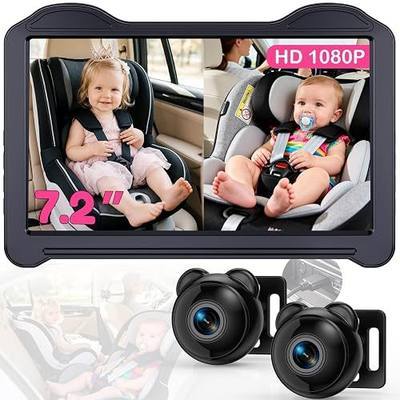 1080P Dual Baby Car Camera for 2 Kids: 7.2'' Split Screen Monitor for Twins | HD Day & Night Vision Car Seat Camera - Delivering Clear Face & Body View on Road Trip & Daily Commutes
