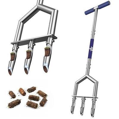 Manual Core Aerator Lawn Tool, Lawn Aerator Tool with 3 Non-Clogging Hollow Tines, Yard Grass Aerator with Ergonomic Rubber Grip, Reinforced Welding for Compacted Soil Lawn Care - Blue