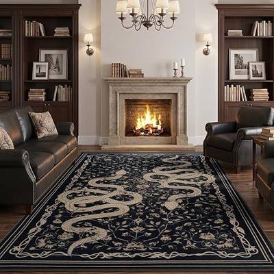 LIVEBOX 6x9 Washable Area Rug - Snake Rug for Living Room, Non-Slip Soft Bedroom Rugs, Low Pile Indoor Carpet for Dining Room Home Office(6x9ft, Black)
