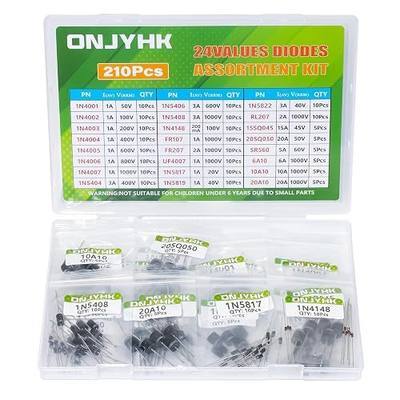 24Values 210PCS Diode Kit | 1N4001 1N4002 1N4003 1N4004 1N4005 1N4006 1N4007 1N5404 1N5406 1N5408 RL207 10A10 20A10 1N4148 1N5817 1N5819 1N5822 15SQ045