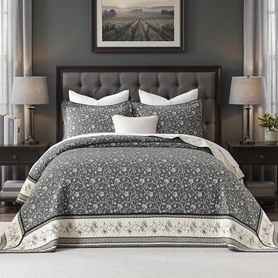 100% Cotton Oversized Quilt 120"x102", Extra Large Queen Bedspread, Farmhouse Floral Botanical Bed Spreads Coverlet, Lightweight Quilted Bedding Cover, 3 Piece, Charcoal/Beige