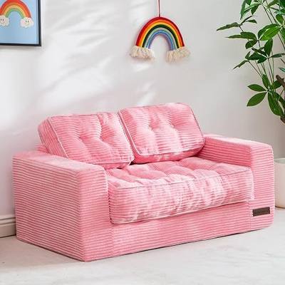 MAXYOYO Kids Bean Bag Chair, Upholstered Bean Bag Sofa Cloud Seat | Boneless 2-Seat Couch with Tufted Cushion & Pillows, Kids Sofa in A Box, No Assembly Required, Pink