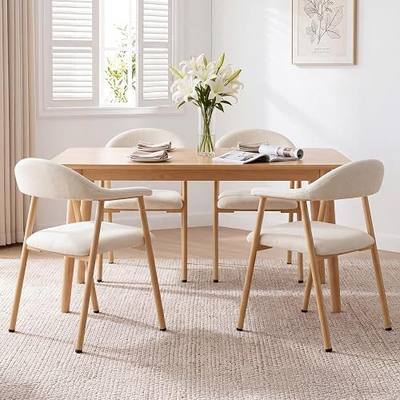 DUMOS Dining Chairs Set of 4, Linen Fabric Upholstered Kitchen Side Chairs with Curved Backrest & Metal Legs, Modern Farmhouse Accent Chair for Dining Room Kitchen Living Room Cafe, Beige