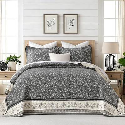 100% Cotton Oversized Quilt 120"x120", Extra Large King Bedspread, Farmhouse Floral Botanical Bed Spreads Coverlet, Lightweight Quilted Bedding Cover, 3 Piece, Charcoal/Beige
