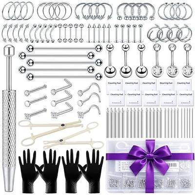 Body Piercing Kit with Piercing Jewelry, Complete 112PCS Set | Includes grabber tool, 25 needles in 12G/14G/16G/20G, forceps clamps, cleaning pads, gloves and storage box for body piercing