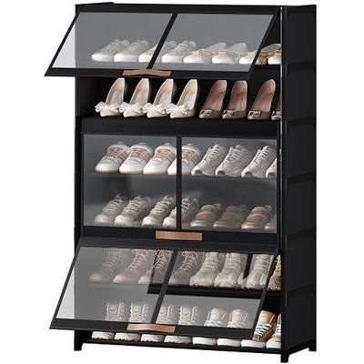 Shoe Rack, 7 Tier Shoe Storage Cabinet with Doors, 28 Pair Shoe Shelves Organizer for Entryway Closet, Plastic Shoe Shelf with Metal Frame for Bedroom Hallway, Black