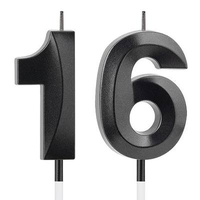 Black Number 16 Candles, Sweet 16 Decorations for Boys & Girls | Glossy Black Finish • 4.7-Inch Size • Premium Paraffin Wax • Stable Cake Inserts • Protective Gift Box