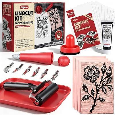 Joygineer Linocut Kit for Printmaking - Block Printing Kit with 4 Soft | Cut Linoleum Blocks, Ink, Brayer Roller & Carving Tools - Rubber Stamp Making Kit for Beginners - Arts and Crafts for Adults