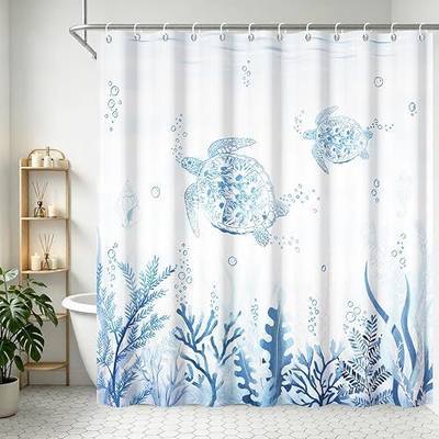 Nautical Sea Turtle Coral Shower Curtain 72x72 Inch,Blue White Underwater Ocean Coastal Beach Waterproof Polyester Bathroom Curtain with 12 Hooks