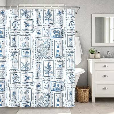 Coastal Shower Curtain with Hooks, Navy Blue White Nautical Beach Shower Waterproof Curtain for Bathroom, Tropical Ocean Line Art Shower Curtain with Lighthouse Pineapple Palm, 72" x 72"