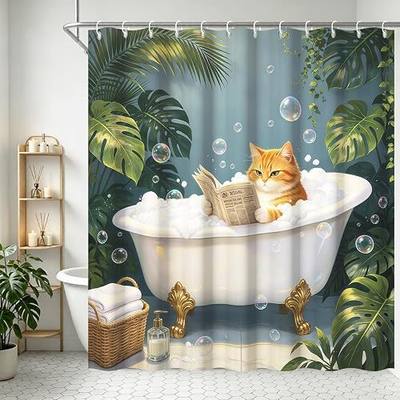 Cute Cat Shower Curtain, Tropical Botanical Bathroom Decor, Waterproof Polyester Bath Curtain with 12 Hooks, Funny Kitten Reading in Bathtub Green Leaf Aesthetic Home Curtain