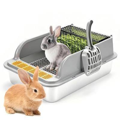 XXLStainless Steel Rabbit Litter Box w Hay Feeder and Litter Scoop, 23.62 x 15.75 x 7.9 Inch Large Litterboxes w Raised Grid, High Sided Kiter Box for Bunny, Guinea Pig, Ferret, Small Snimal, Hamster