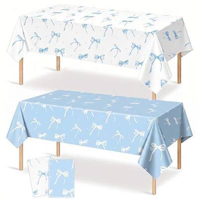 2Pack Blue Bow Tablecloth Blue and white Disposable Birthday Party Supplies | Blue and White Bow Tablecloth 54 x 108 Inch Plastic Table Cover for Baby Shower Birthday Girls Party Supplies
